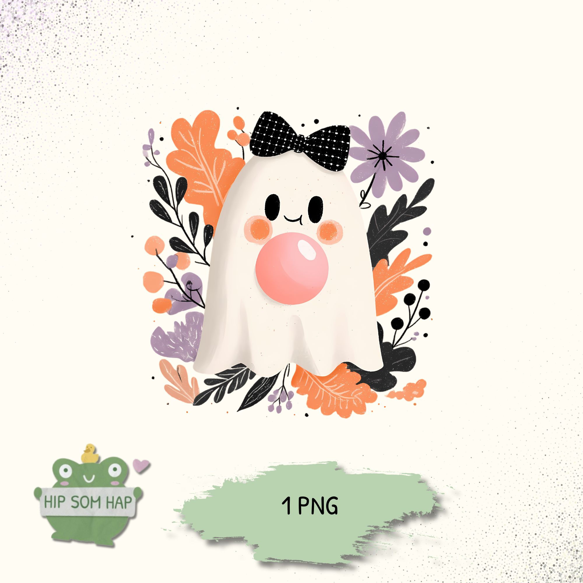 Bügelbild Halloween Geist mit Schleife und Kaugummi auf weißem Kindershirt, herbstliches Design mit Blumen