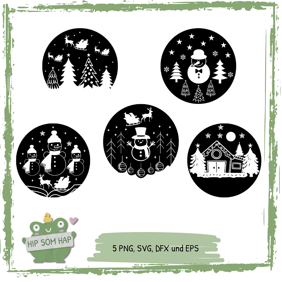 fünf Schneemann-Plotterdateien mit winterlichen Motiven, darunter Schneemänner, ein Lebkuchenhaus und Weihnachtsmann im Schli