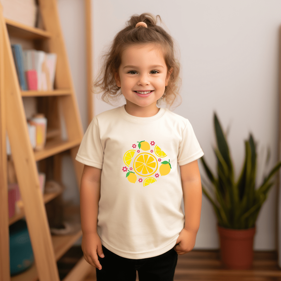 Kind mit beigem Shirt und fruchtigem Zitronenmuster – ideal für sommerliche DIY-Projekte mit Plotter.