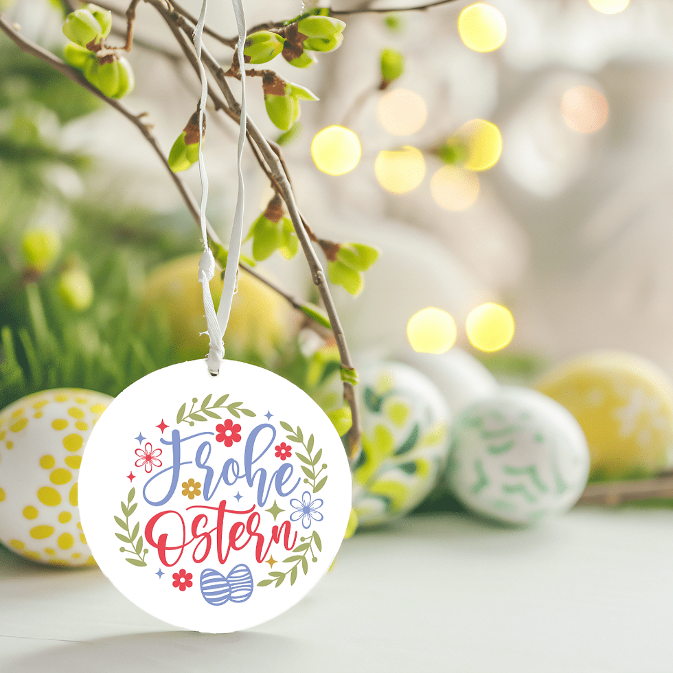 Grußkarte mit Tulpe und Frohe-Ostern-Kranzmotiv