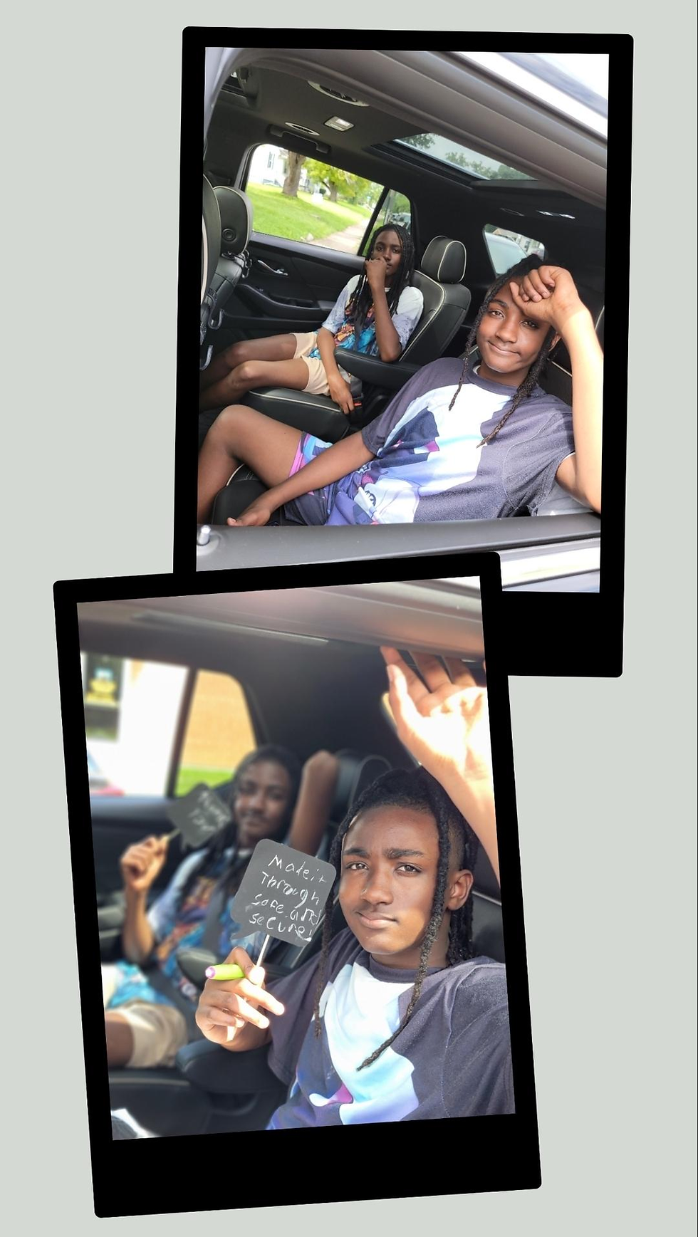 Two kids sitting in a car in a double-photo collage frame, representing safe family transportation.