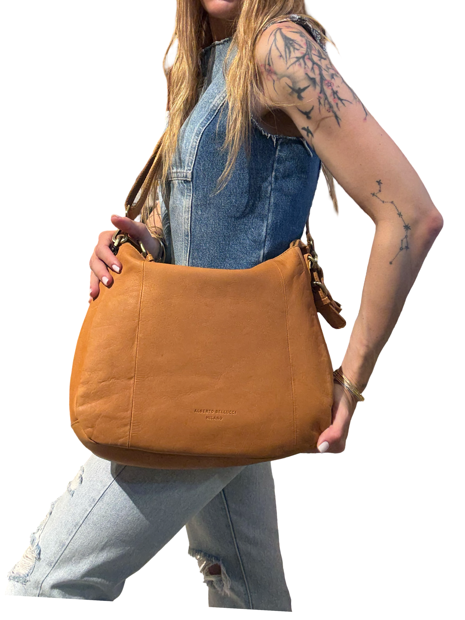 תיק עור כתף|צד alberto bellucci דגם מילאן - קוניאק