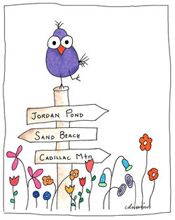 Purple bird on 3 name park post