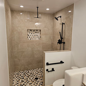 Durable bathroom floor tiling installation.