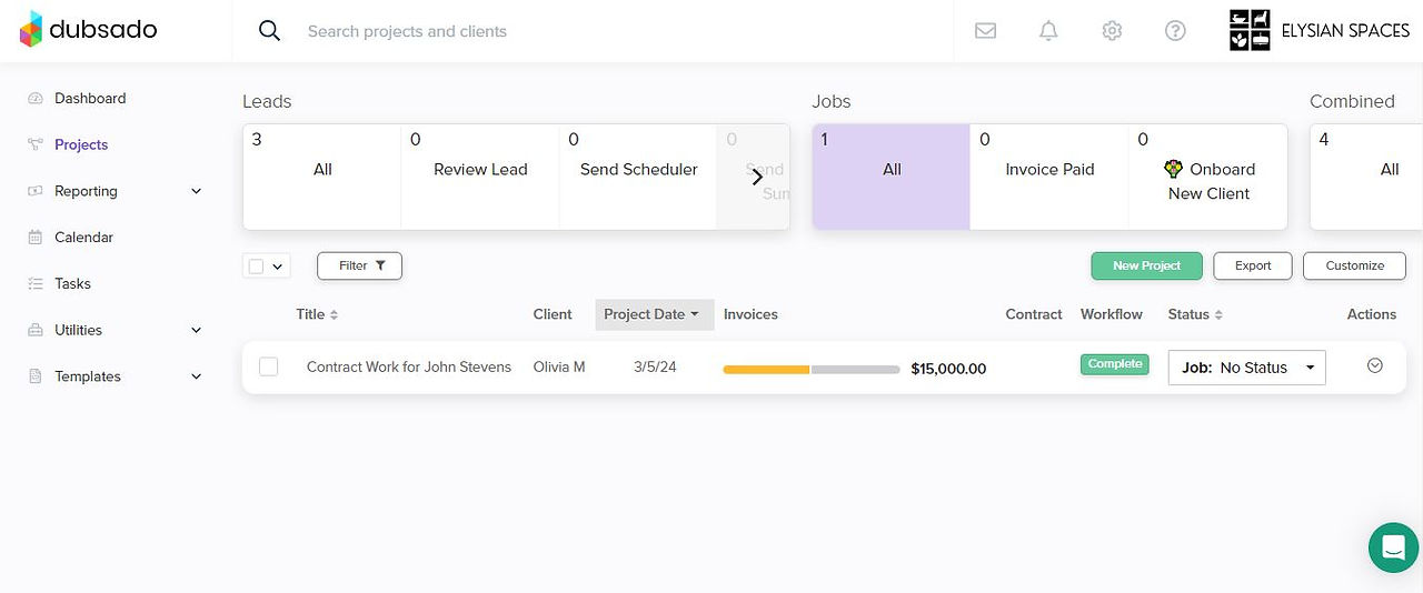 A screenshot showing the Leads and Jobs area in Dubsado CRM
