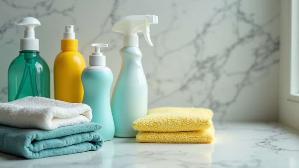 Close-up view of cleaning supplies arranged neatly on a countertop