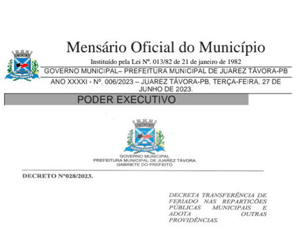 A Prefeitura de Juarez Távora transfere feriado municipal de São Pedro, para sexta-feira (30).
