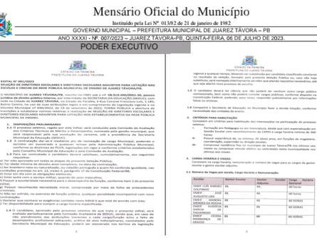 Secretaria Municipal de Educação de Juarez Távora lança edital para seleção de Diretores.