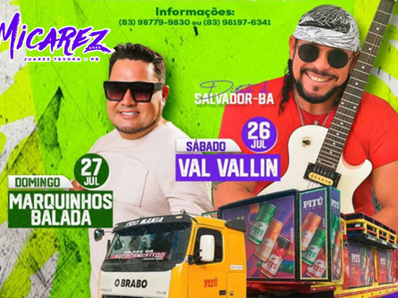 Val Vallin e Marquinhos Balada são as atrações da Micarez 2025, carnaval fora de época em Juarez Távora-PB.