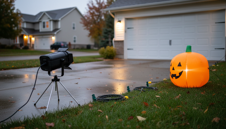 Eye-level view of a Halloween projector and inflatable set up with cords kept off a wet lawn