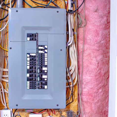 Electrical panel in closet surrounded by wires