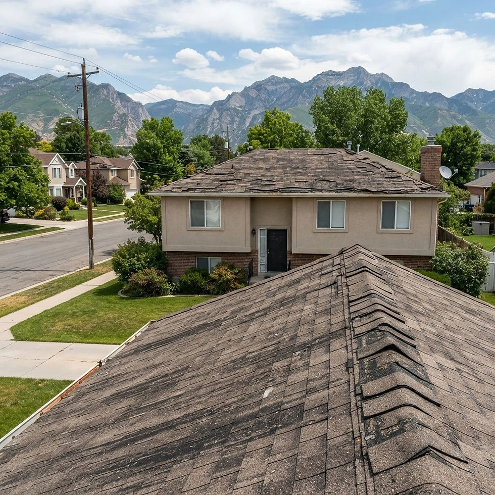 eye level view of a roof on a house that is 20 years old and in need of replacement in sal