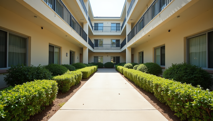 Eye-level view of a clean and well-maintained apartment complex courtyard with neatly trimmed bushes and clear walkways