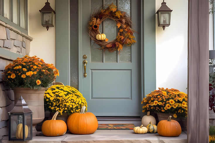 A beautiful front porch of a autumn decorations and flowers