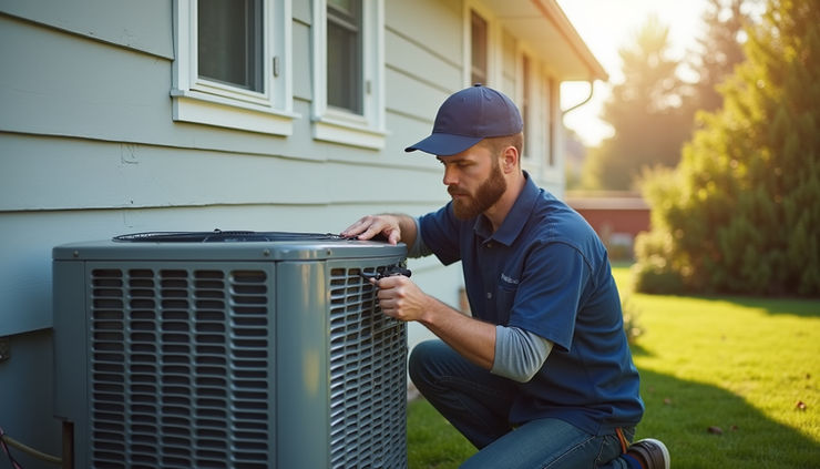 Eye-level view of HVAC technician installing a new air conditioning unit outside a residential home in Mesquite TX