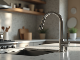 Modern kitchen faucet installed on granite countertop