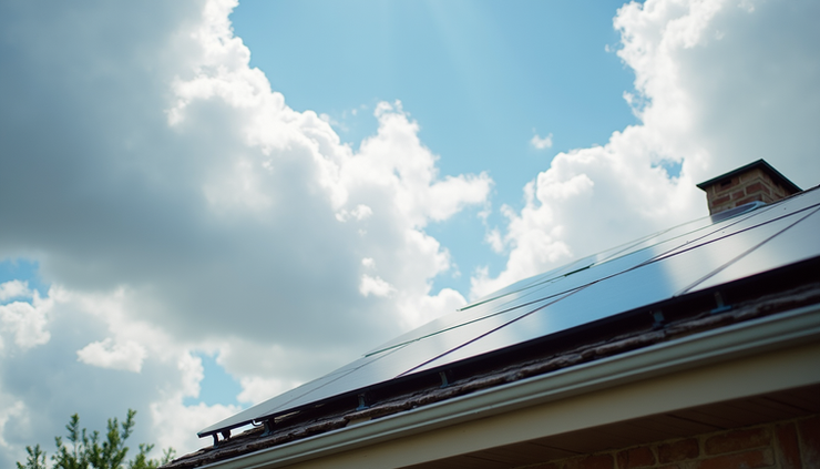 Eye-level view of solar panels installed on a residential roof in Abilene under partly cloudy sky