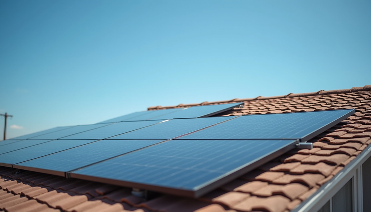 Eye-level view of solar panels installed on a residential roof in Abilene TX under clear blue sky