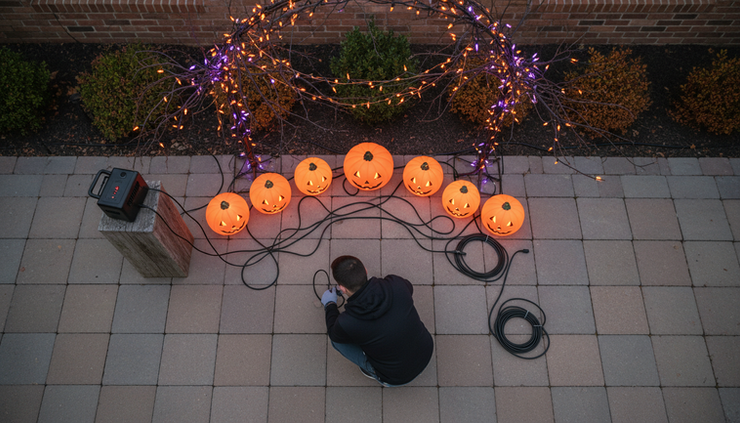 Overhead view of neatly arranged outdoor extension cords and Halloween decorations ready for inspection