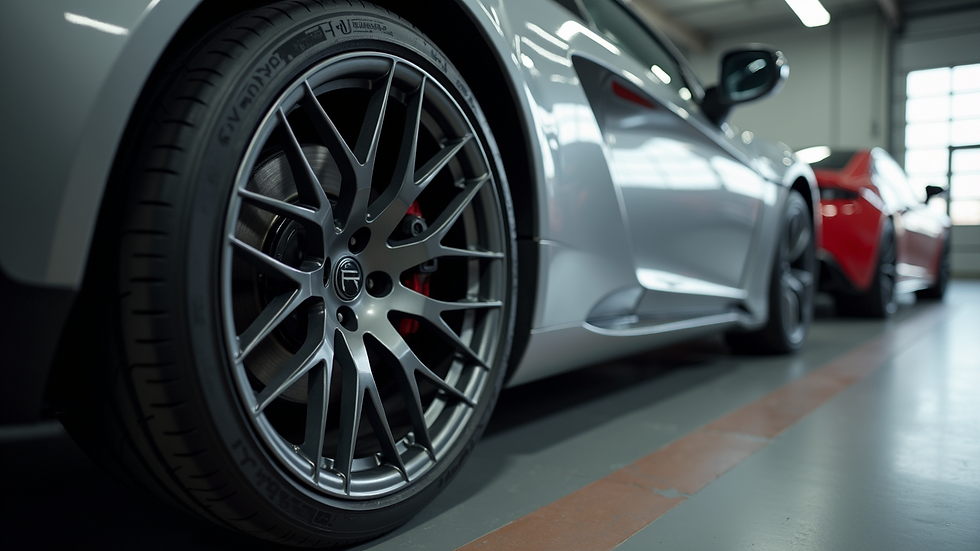 High angle view of a set of refurbished alloy wheels