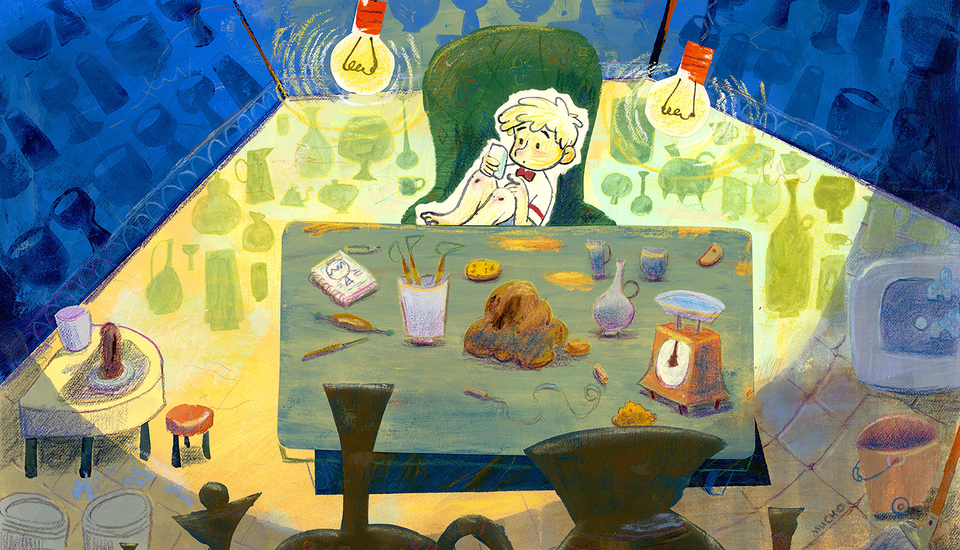 Briochecoco created this humorous illustration for the children's book, which depicts unforgettable events that take place one night with whimsical monsters. This is one of the pages from the unpublished book, Pottery Boy, in which Josh waits for his grandfather to return to the studio.