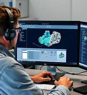 An engineer working on PC running Autodesk Fusion360 with visuals of assembly in the CAE i