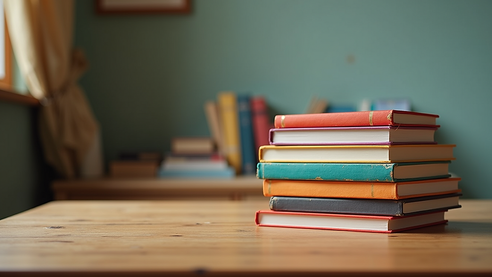 Eye-level view of a stack of colorful school books