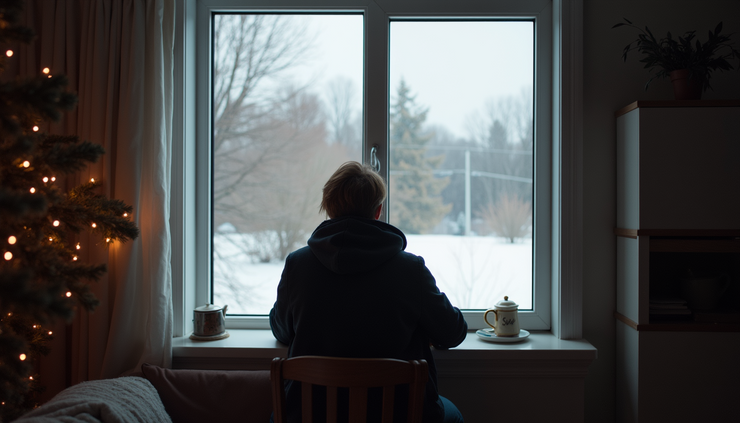 Eye-level view of a person sitting by a window reflecting on life during winter holidays in Canada