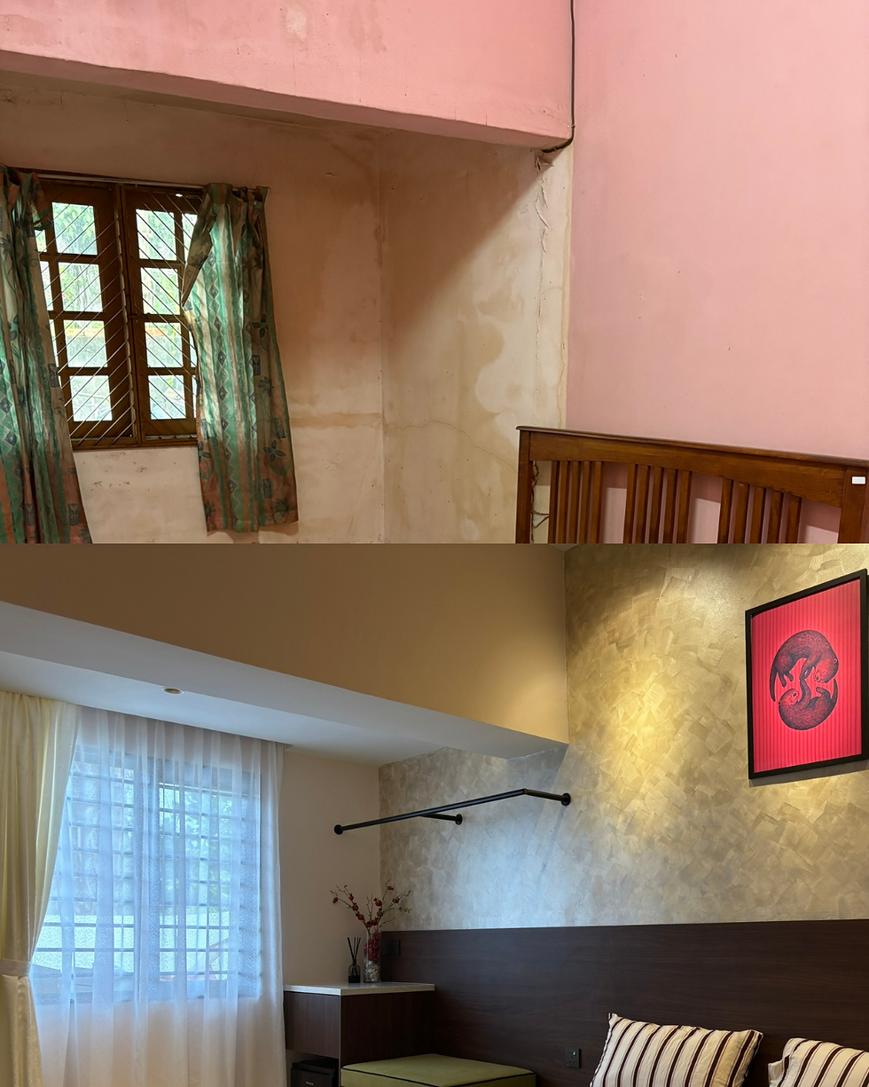 Before and after master bedroom ceiling renovation showing plaster ceiling and cove lighting design solution