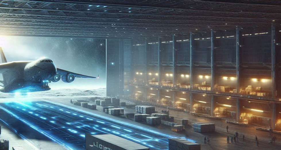 New Arrival
- AI image
- Based on my dream.
Logistics Hangar on the Moon receiving new supplies shipped from Earth.