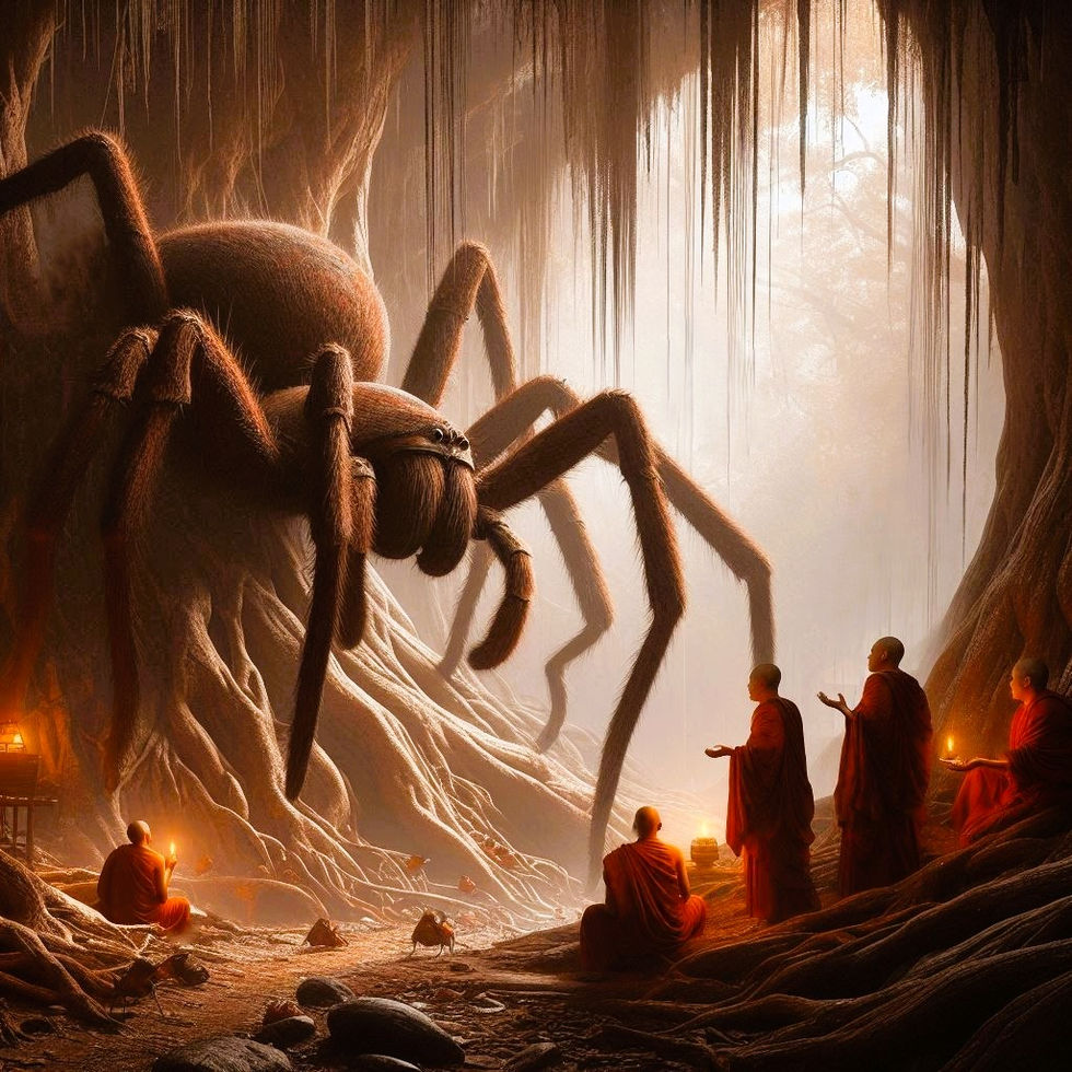 Feeding The Fear
- AI image
- Based on my dream.
Visiting a large cave like Monastery and watching a strange "Ceremony" in which the Monks were feeding a giant, ominous spider with some unusual, almost alien looking insect, but I sensed that sometimes they too become the prey...