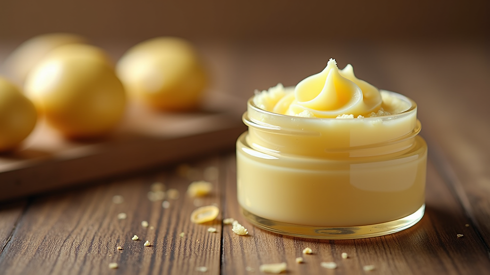 Close-up view of a jar of creamy tallow balm on a wooden surface