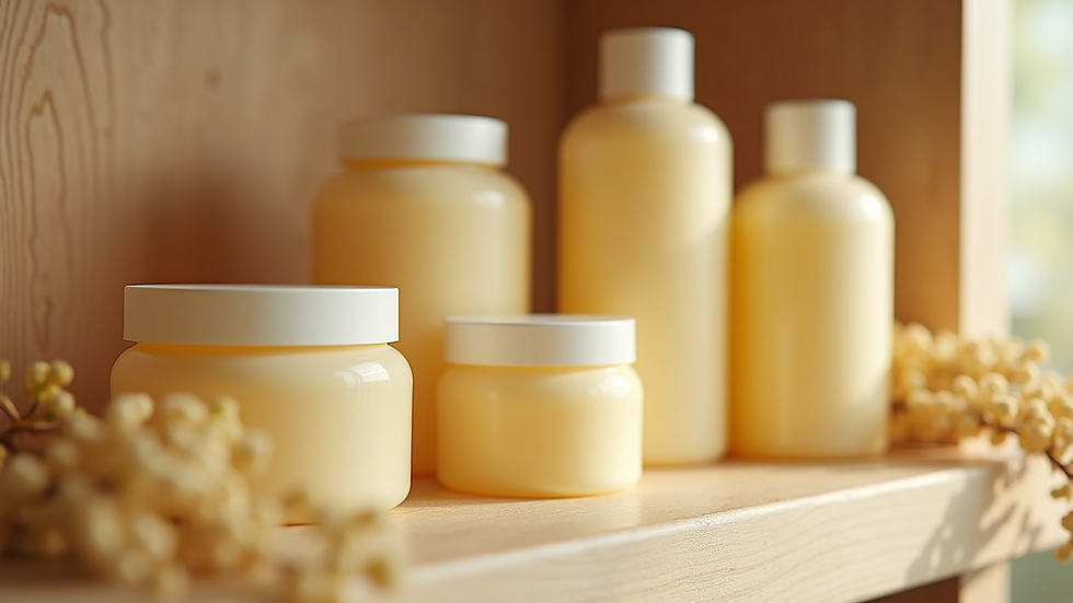 Eye-level view of a skincare shelf with natural tallow products