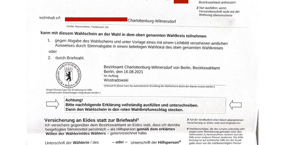 "Wahlschein" Oath that you complied with the voting law