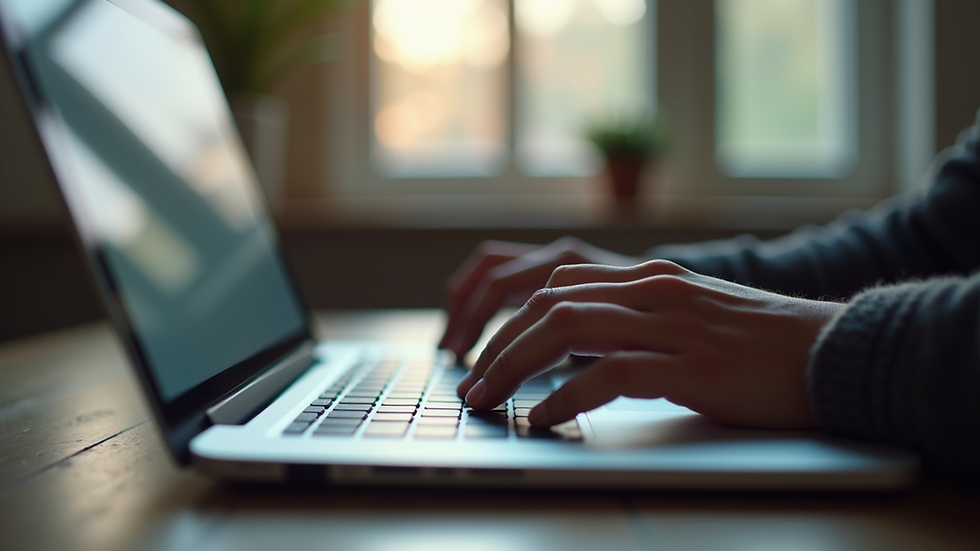 Close-up view of a person typing on a laptop while checking email