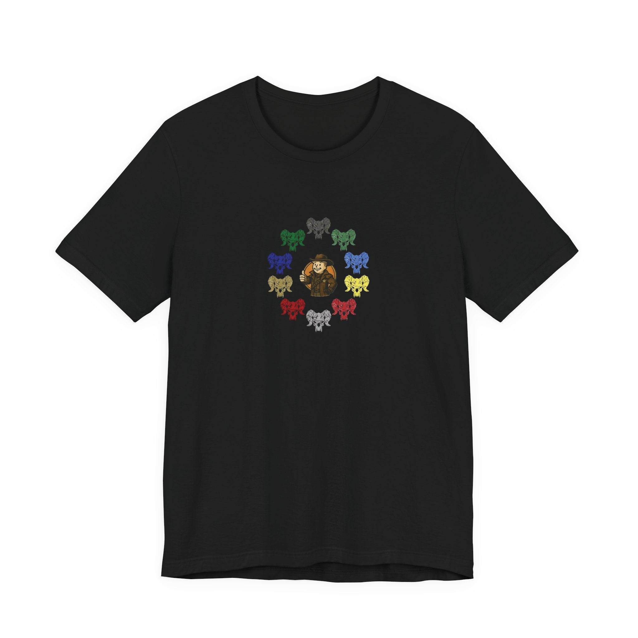 NCR Vault Boy and Colorful Deathclaw Skull Circle Fallout-Inspired Casual Tee
