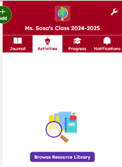 Class app interface showing Ms. Sosa's Class 2024-2025. Icons for Journal, Activities, Progress, Notifications. Browse Resource Library button.