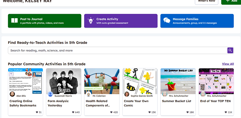 Activities for 5th grade with options like creating bookmarks, fitness, comics, and summer lists. Bright, engaging visuals with user names.