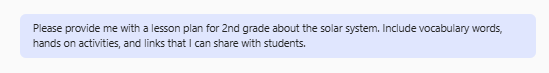 Text in a blue speech bubble requests a 2nd-grade solar system lesson plan, including vocabulary, hands-on activities, and links for students.