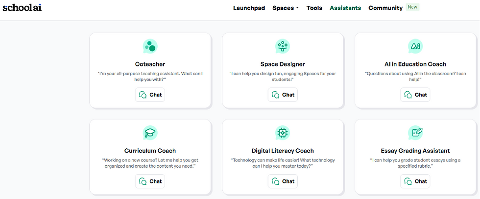 AI tools interface with six options: Co-teacher, Space Designer, AI in Education, Curriculum Coach, Digital Literacy, Essay Grading.