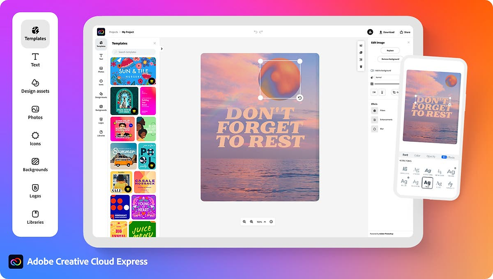 Adobe Creative Cloud Express interface with a poster design. Text reads "DON'T FORGET TO REST" on a serene ocean sunset background.