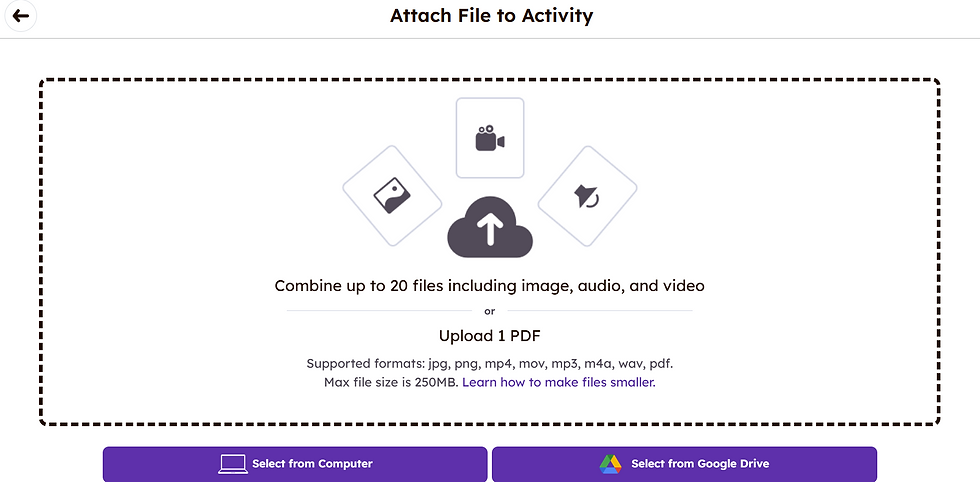 File upload interface with icons for images, videos, and documents. Text: "Combine up to 20 files" and "Upload 1 PDF". Purple buttons offer file selection.