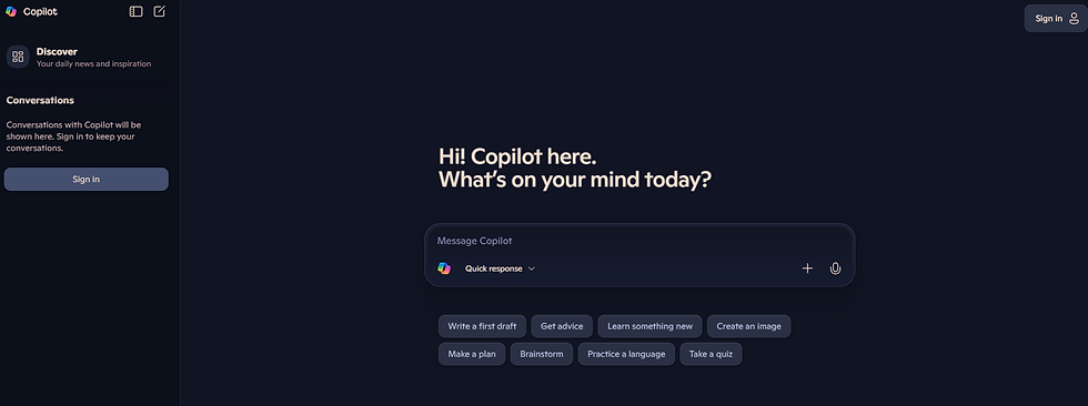 Dark interface with "Hi! Copilot here. What's on your mind today?" in white. Options include "Write a first draft," "Get advice," and sign-in.