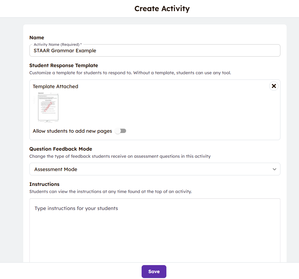 Create Activity screen displaying fields for activity name, template attachment, feedback mode, instructions, and a purple Save button.