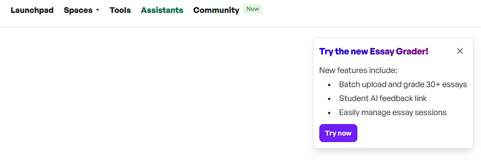 Website interface with a sidebar and notification box. Text reads "Try the new Essay Grader!" with features like batch uploads.