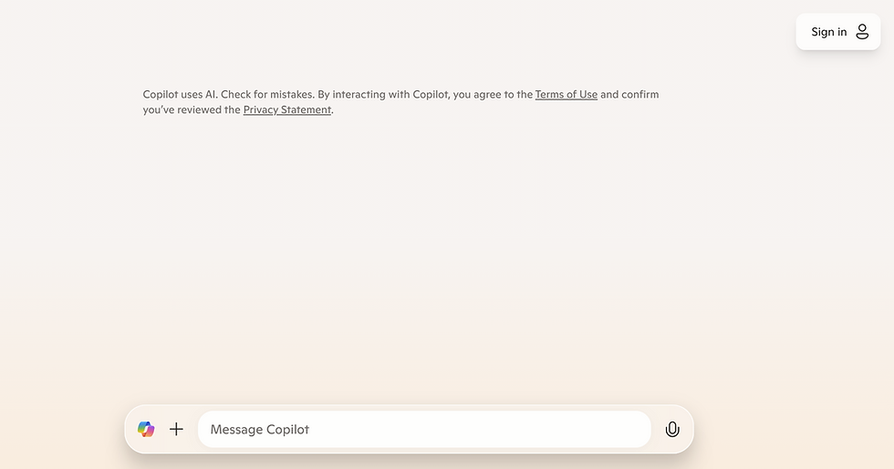 AI interface with "Message Copilot" input bar on pastel gradient background. Text mentions AI use, terms, and privacy. Sign-in icon top right.