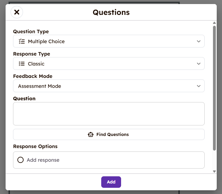 Form interface titled Questions with dropdowns for question, response, feedback types. Text fields and Add button are visible.