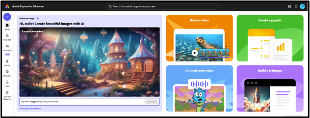 Software interface displaying AI-generated fairy-tale houses, vibrant buttons for creating videos, graphics, and more. Text reads "Create beautiful images with AI."