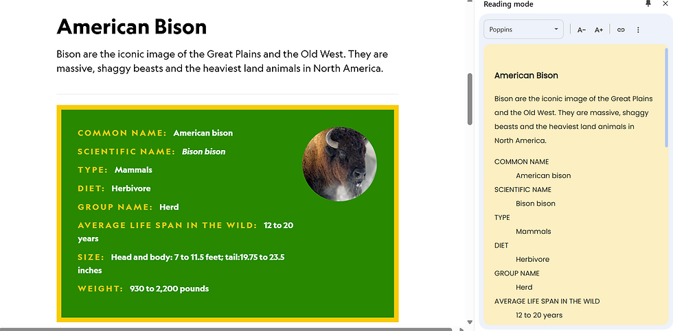 American Bison info card shows details like scientific name "Bison bison," type "Mammals," diet "Herbivore," on green background.