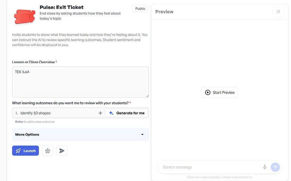 "Online exit ticket interface for students with fields for class overview and learning outcomes. Options include 'Launch' and 'Start Preview'."